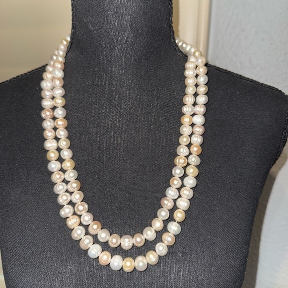Vintage Freshwater Baroque Circle Pearl Necklace Double Strand Silver toggle 25” - Picture 4 of 15
